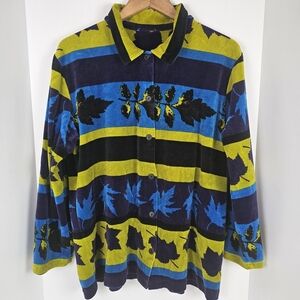 Onque Casuals Velour Leaf Print Button Oversized L Artsy Indie Colorful Soft XL
